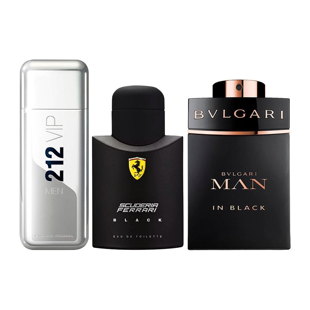 Combo de 3 Parfums pour Hommes – 212 VIP, Ferrari Black et Bvlgari In Black (100 ml chacun)