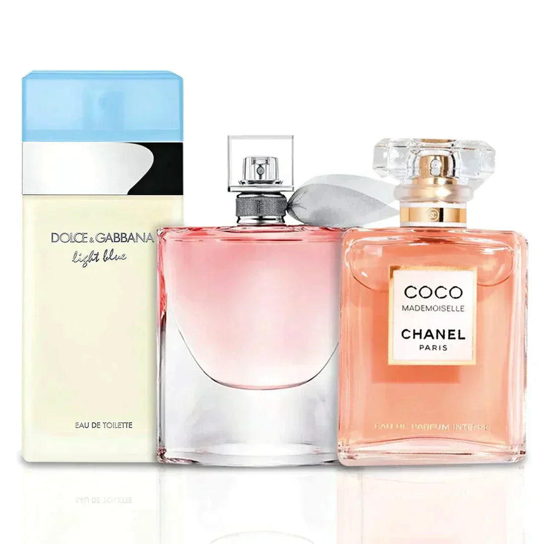 Combo de 3 Parfums pour Femmes – La Vie Est Belle by Lancôme, Mademoiselle by Chanel et Light Blue by Dolce & Gabbana (100 ml chacun)