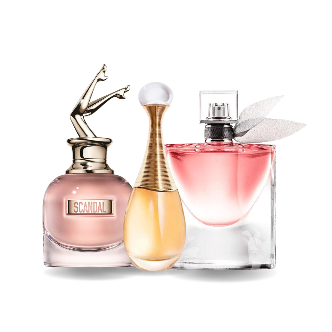 Combo de 3 Parfums pour Femmes – Scandal by Jean Paul Gaultier, J’adore by Dior et La Vie Est Belle by Lancôme (100 ml chacun)