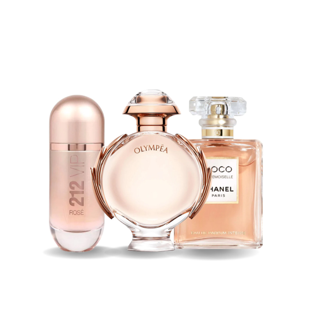 Combo de 3 Parfums pour Femmes – 212 VIP Rosé by Carolina Herrera, Olympéa by Paco Rabanne, Coco Mademoiselle by Chanel (100 ml)