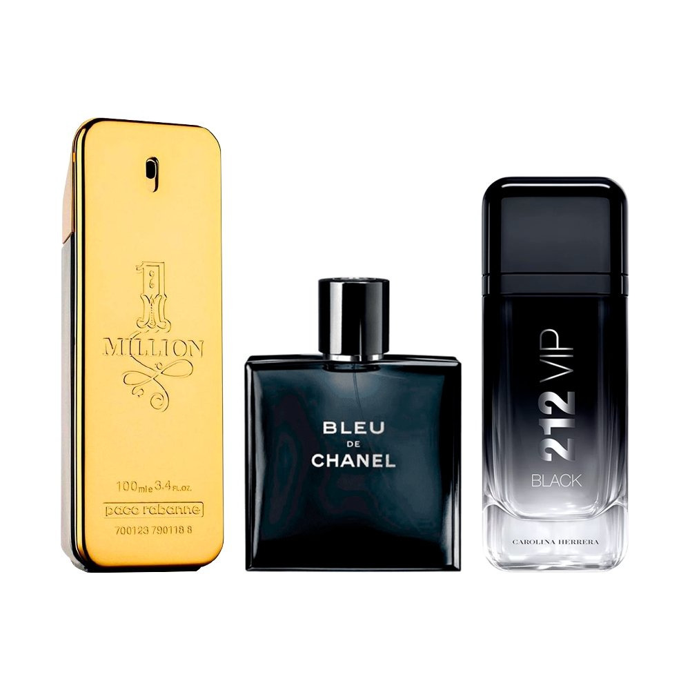 Combo de 3 Parfums pour Hommes – 1 Million, Bleu de Chanel et 212 VIP Black (100 ml chacun)